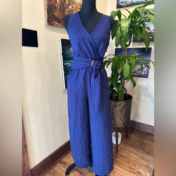 Flying Tomato Pants - EUC Flying Tomato vibrant blue Pin Stripe strait  Leg Jumpsuit crisscrossing S